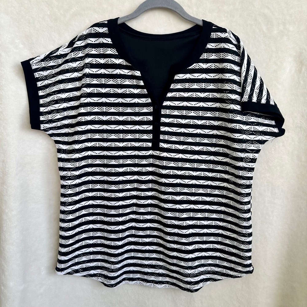 Christopher & Banks Black White Striped Mesh Knit Split Neck Henley Top Large